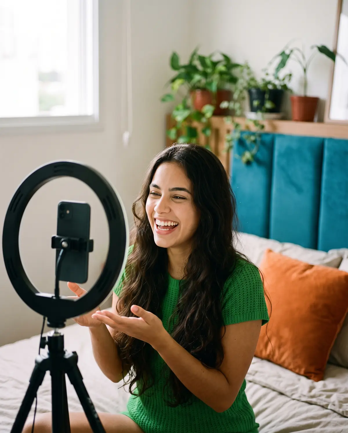 A Taka Live host laughing while streaming from her phone on a ring light